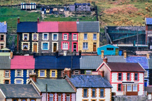  Colourful rows of terraced houses in the Rhondda Fach, a former coal mining valley in south Wales. 