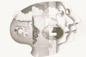 Surreal profile of faces and abstract elements