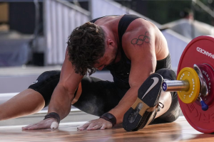 Boady Santavy, of Canada, reacts after an unsuccessful lift during a weightlifting event at the Enhanced Games in Las Vegas, Sunday, May 24, 2026