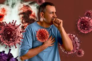 Man coughing surrounded by viruses