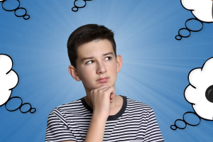 Child thinking, with cartoon bubbles around him with different career opportunities