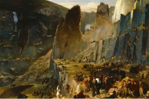A painting of a quarry scene, with lots of people gathered on one level.