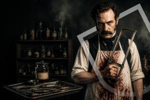 Bloodstained Victorian doctor holding a bonesaw