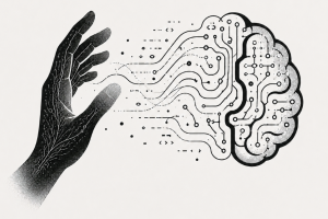 An image of a hand and a depiction of the human brain