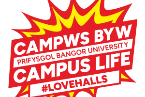 Red, yellow, and white comic-style logo reading “Campus Byw, Prifysgol Bangor University, Campus Life - #LoveHalls.”