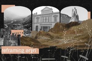 A collage with a black background and three black and white images showing landscapes and buildings