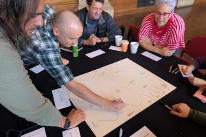 Bangor University staff developing a Rhythms Map of where their research expertise sits within the timescales and themes of the Rhythms of Life PhD programme