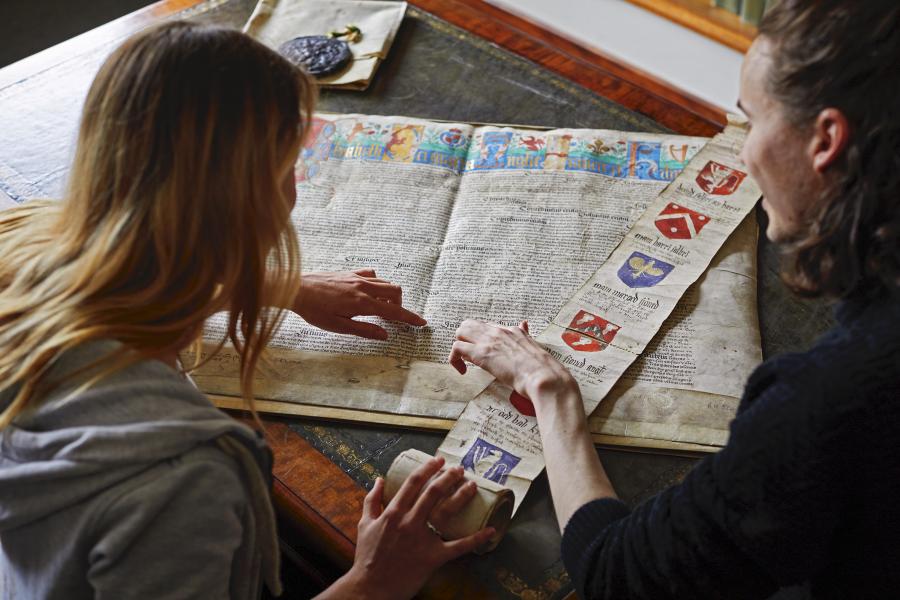History student looking at historical documents