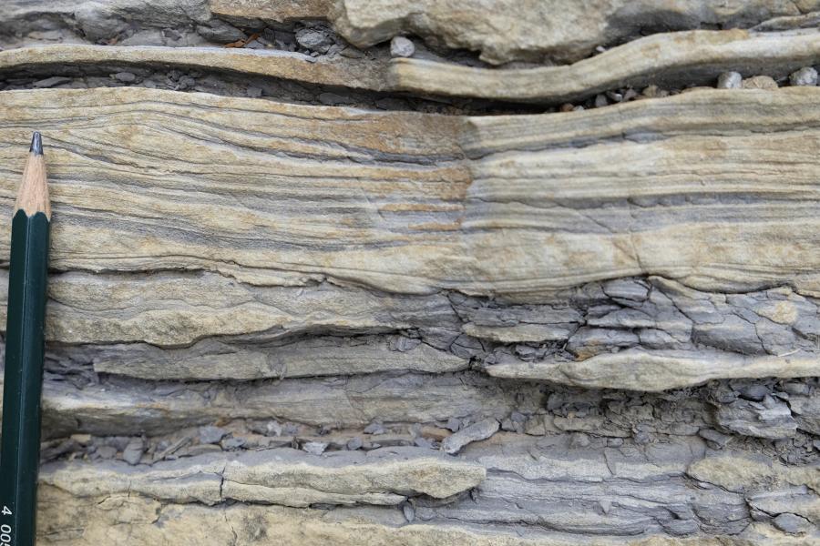 Sedimentary structure of ripple and loadcast in sandstone