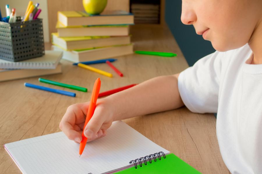 School pupil writing in a workbook 