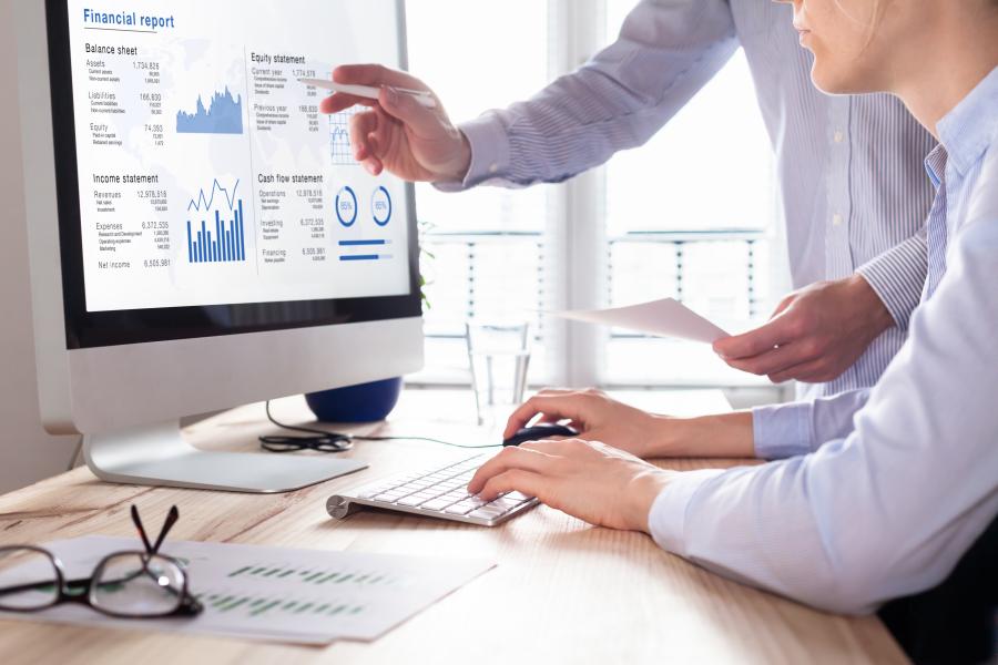 Professionals looking at a financial report on a computer