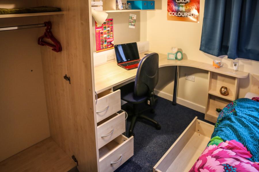 Storage in a typical room in Adda halls of residence, Ffriddoedd Student Village