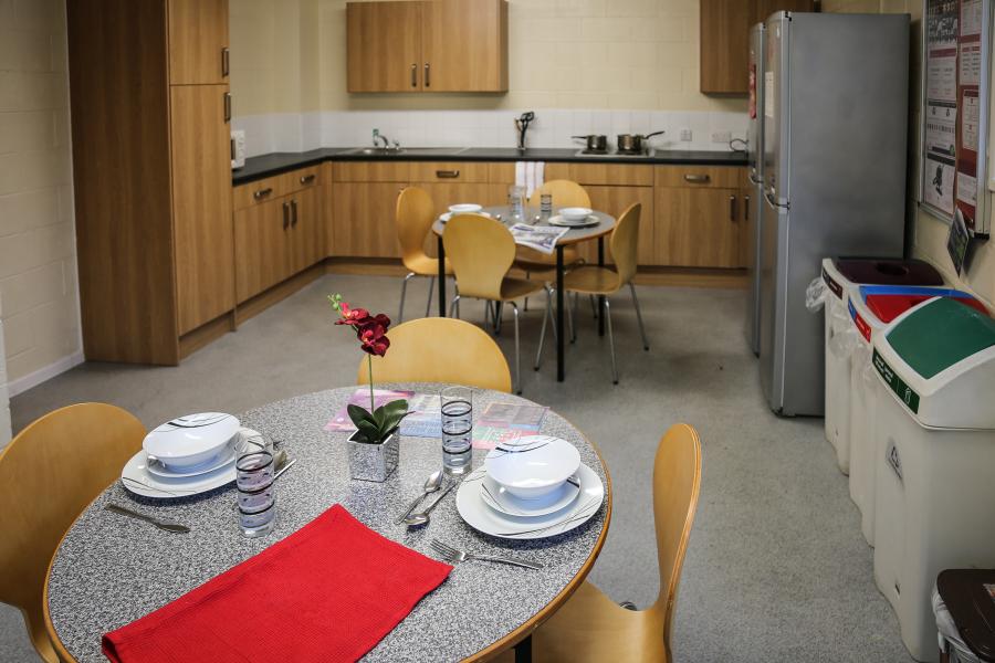 A shared kitchen in Glyder halls of residence at Ffriddoedd Student Village