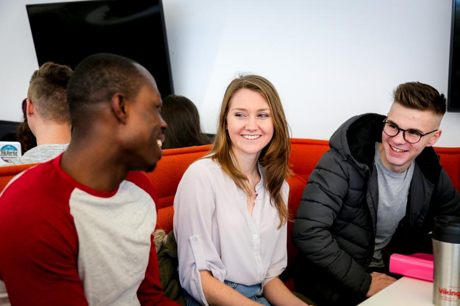 Friends doing group work together in a shared learning space, in Pontio