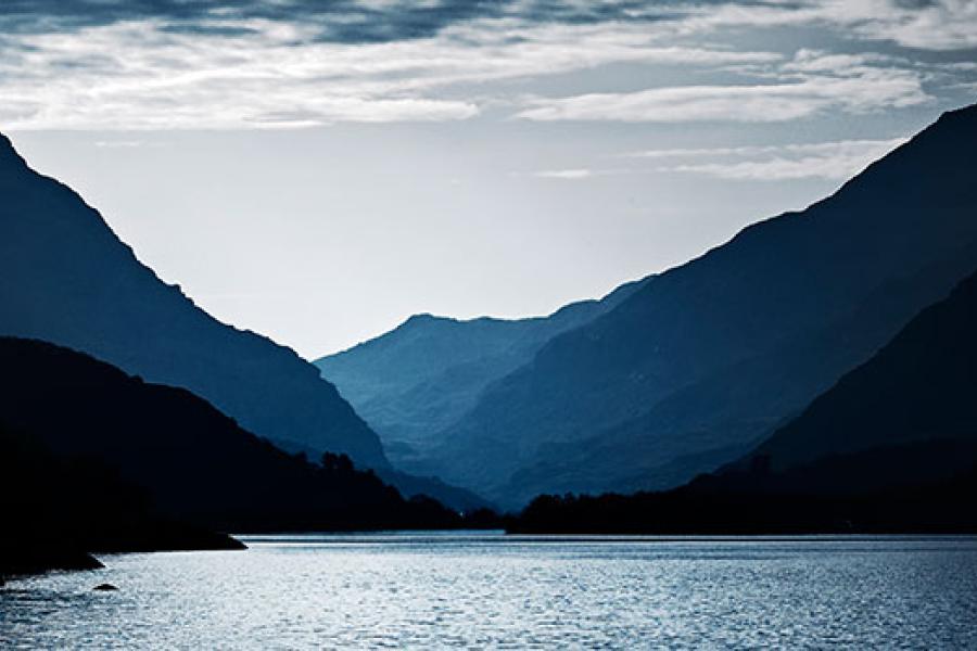 Atmospheric mountains and lake