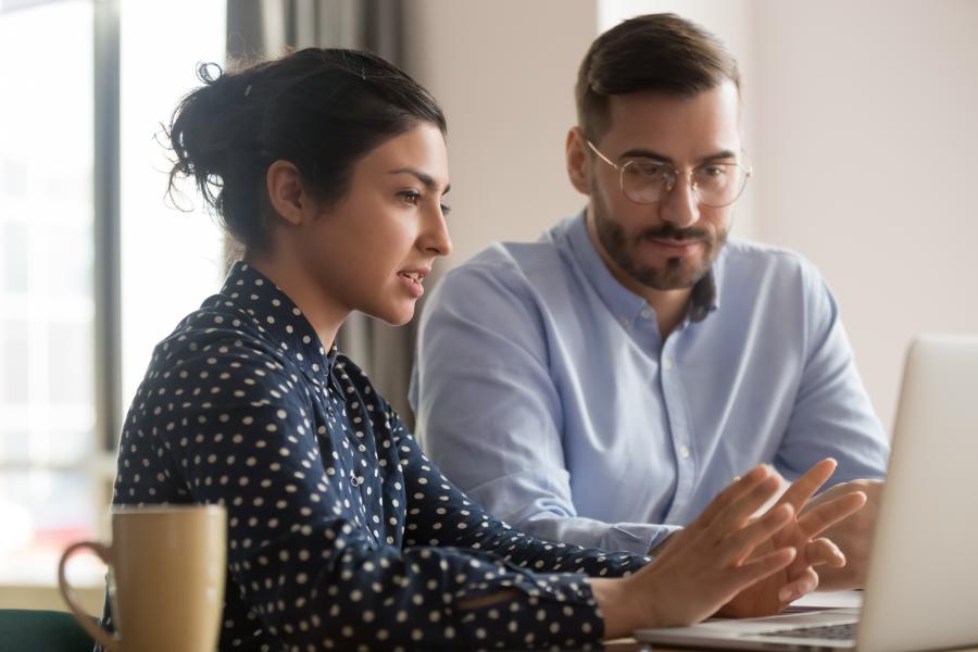 Mentor supporting a colleague - both looking at a laptop screen