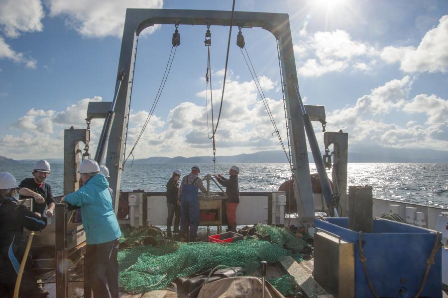 Activity on the deck of a ship at sea.