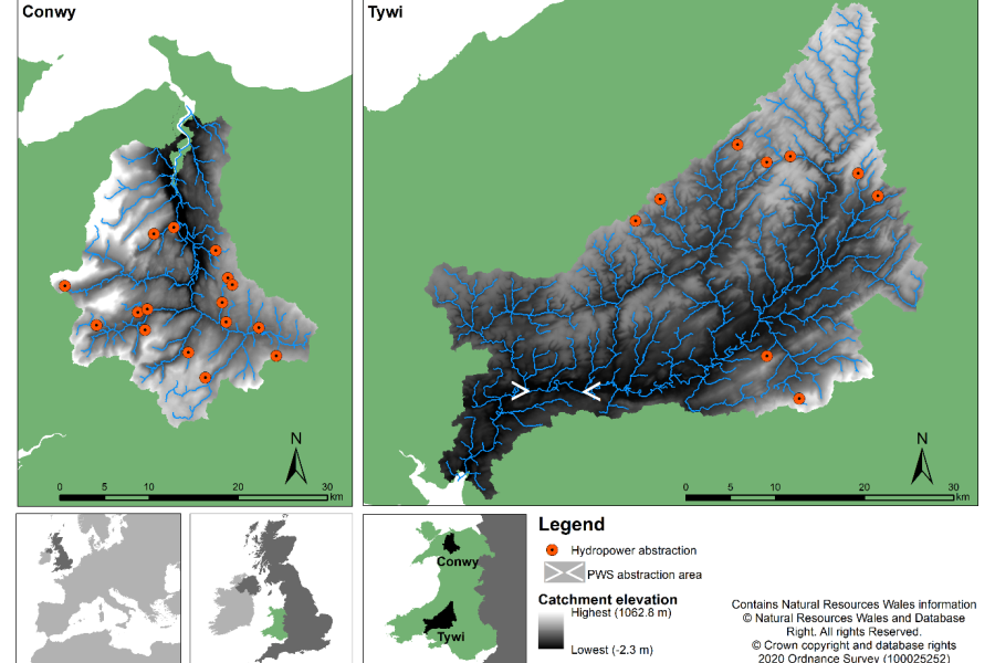 The studied Conwy and Tywi catchments, with the hydropower schemes and public water supply location studied also shown. 