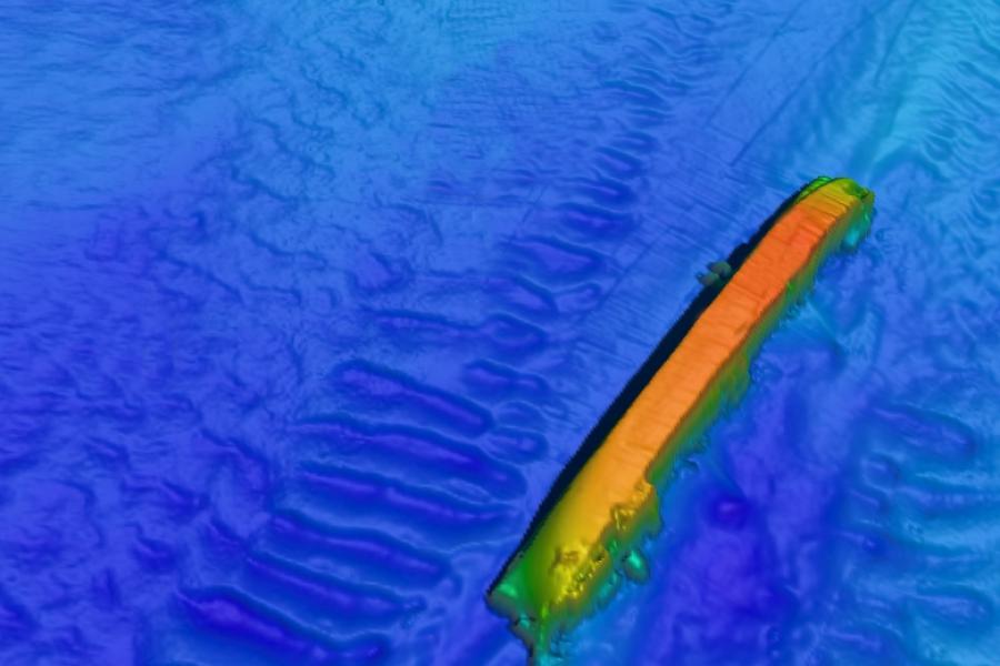 A sonar image of Derbent lying on her side on the seabed