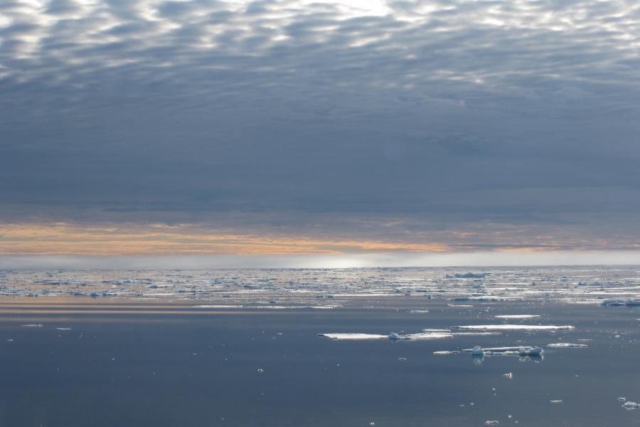 Arctic sea with a glow on the horizon and patches of sea ice