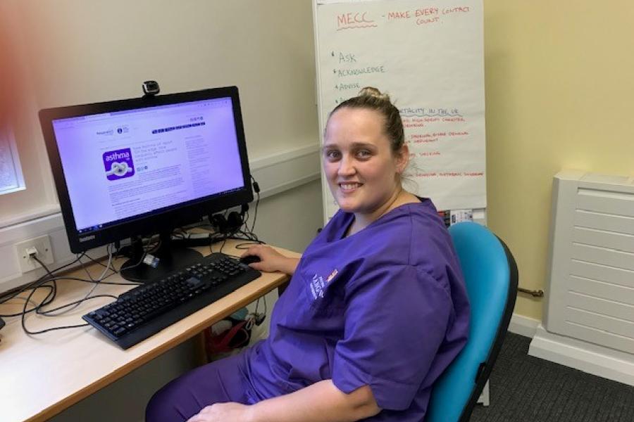 Bangor University student nurse Heulen Cynfal looks up from her study desk 