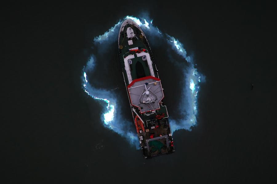 Prince Madog research vessel out at sea, with magical effect