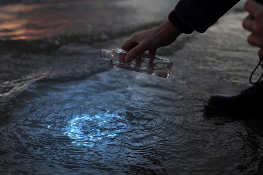 A close up of a student collecting a water sample from the beach.