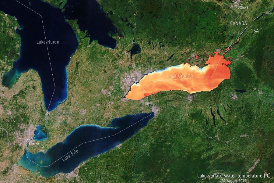 A astellite image with Lake Ontario coloured orange representing greater surface temperature.