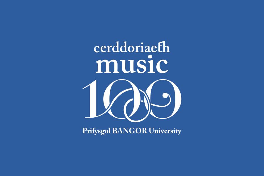 Logo Cerddoriaeth100 ar gefndir glas