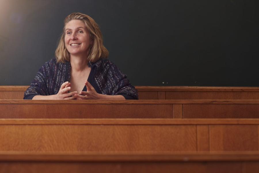 Prof Julia Jones in a lecture theatre at Bangor University