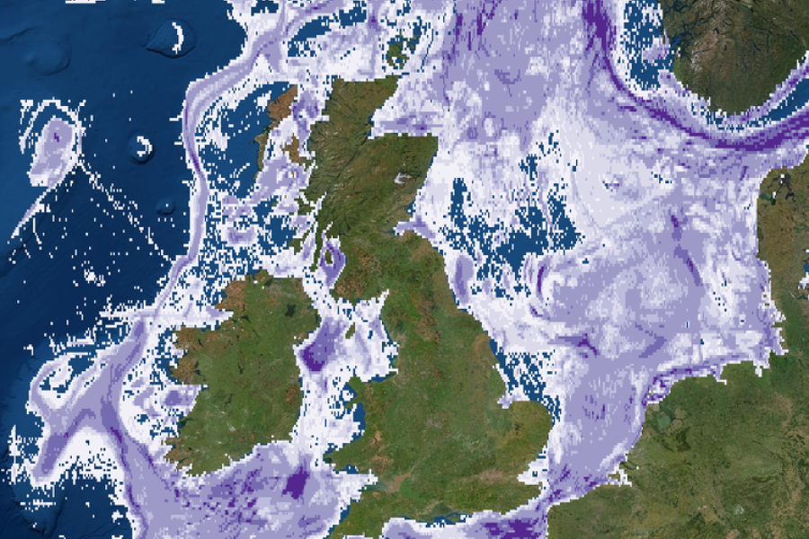 A map of the sea around the UK showing different gradations according to  how often areas are trawled.