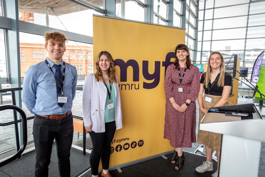 Staff and students at the launch of myf.cymru