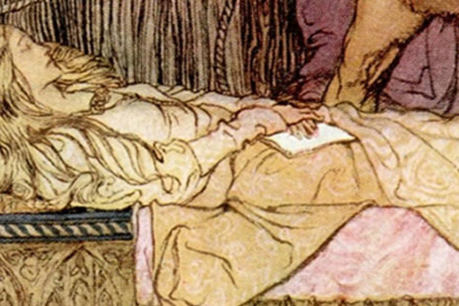 Nineteenth century medieval illustration of woman laying in bed.