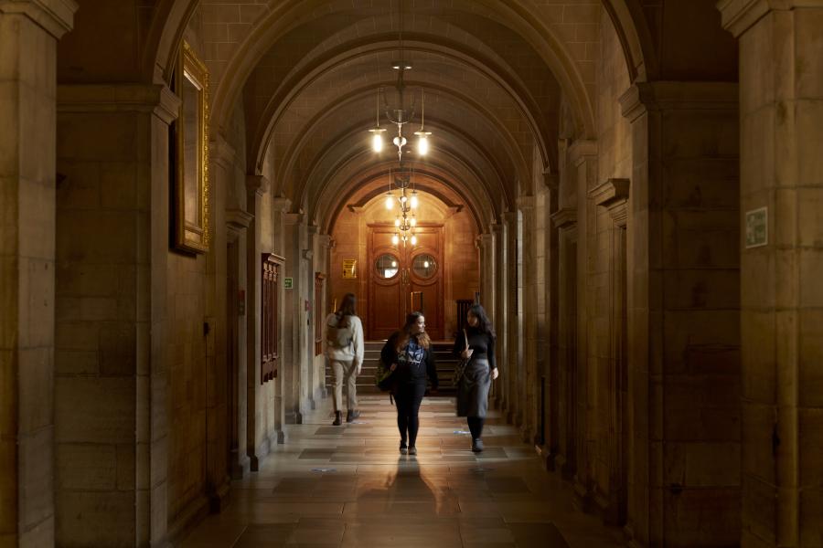 Students walking in the Main University hallway