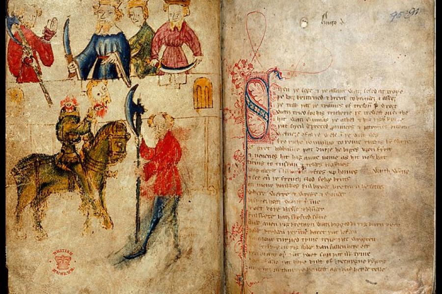 Medieval manuscript featuring a headless knight, Sir Gawain, and Arthur's court. 