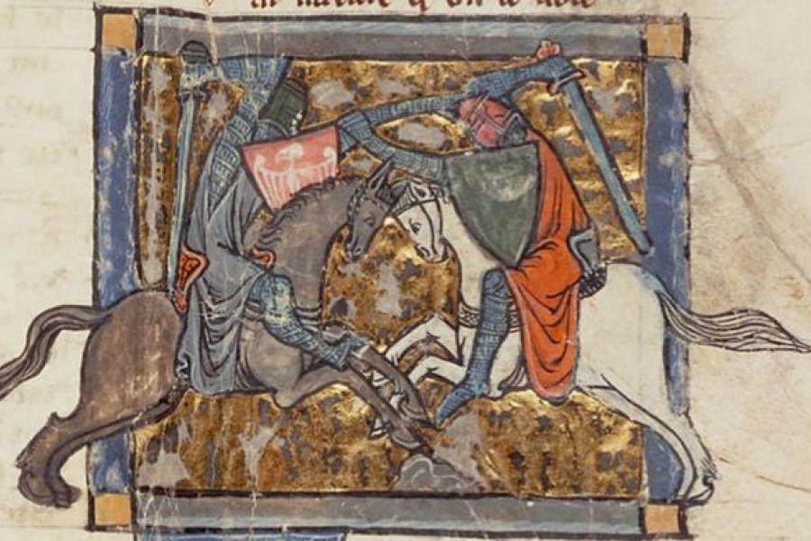 Battle between Ywain and Gawain on horseback in Chrétien de Troyes' Knight of the Lion