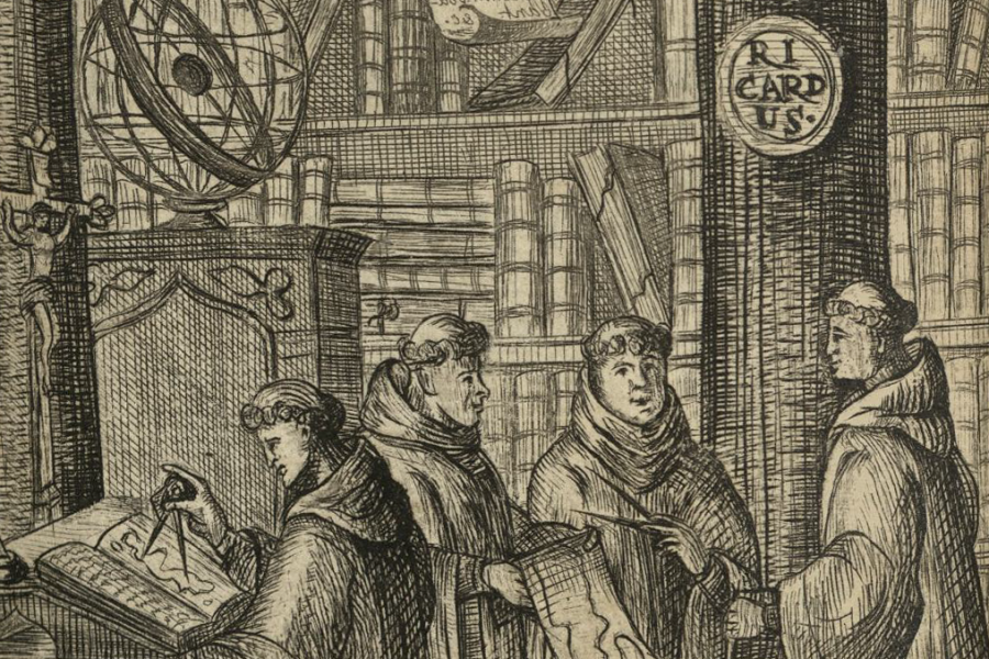 Illustration from 19th century book featuring monks in a scriptorium writing and reading