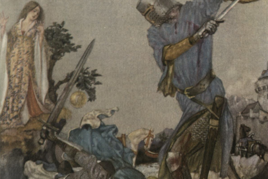 Knight in blue striking a fallen foe, women watching the contest in the background