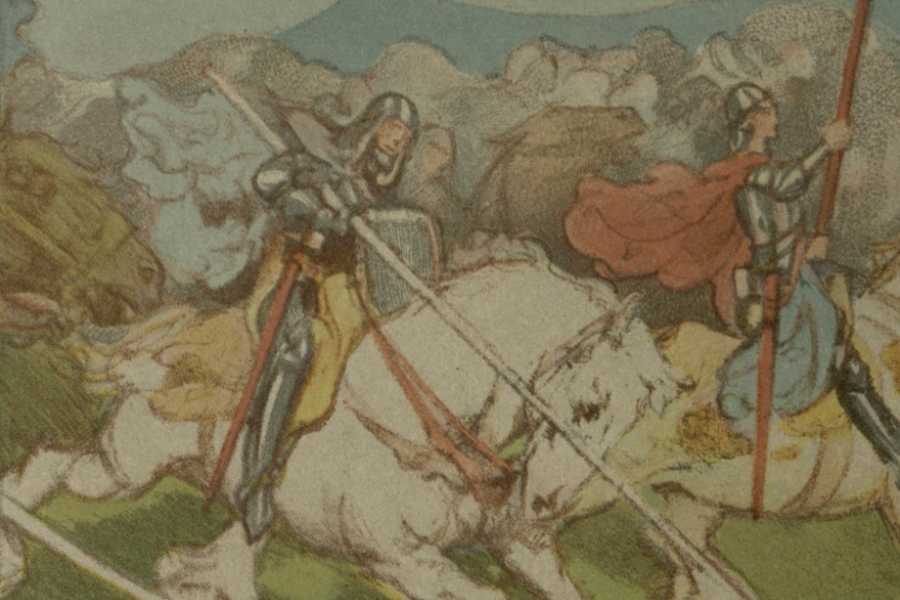 Knights charging into battle on white horse in Parsifal 