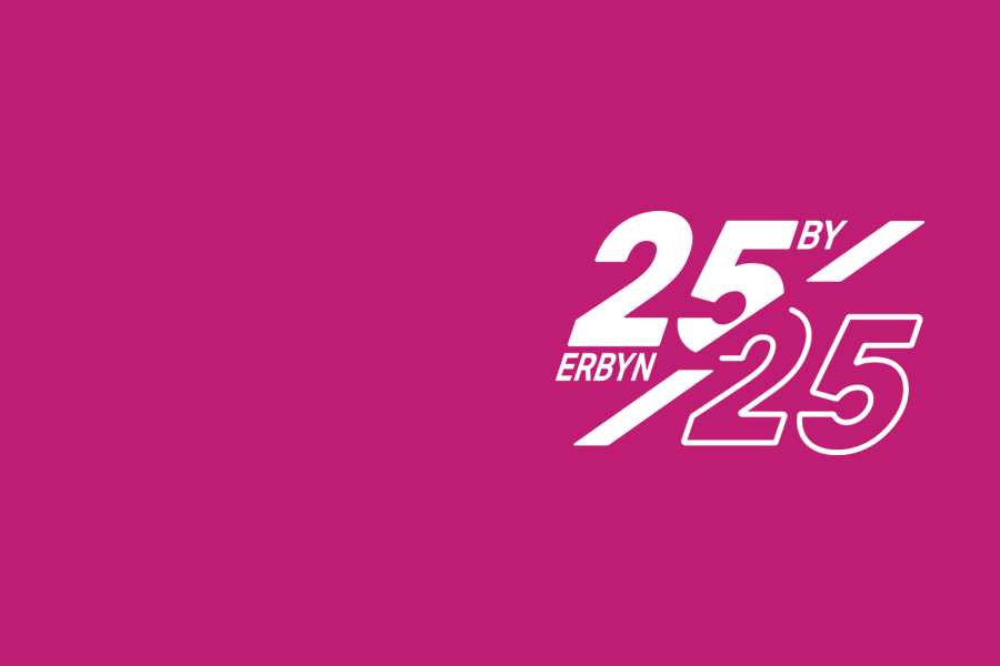 Logo 25 erbyn 25 ar gefndir pinc