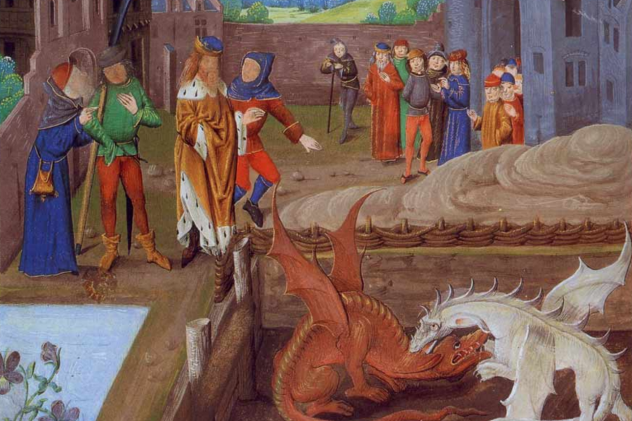 Merlin revealing the red and white dragon fighting beneath Vortigern's castle in the Historia Regum Britanniae