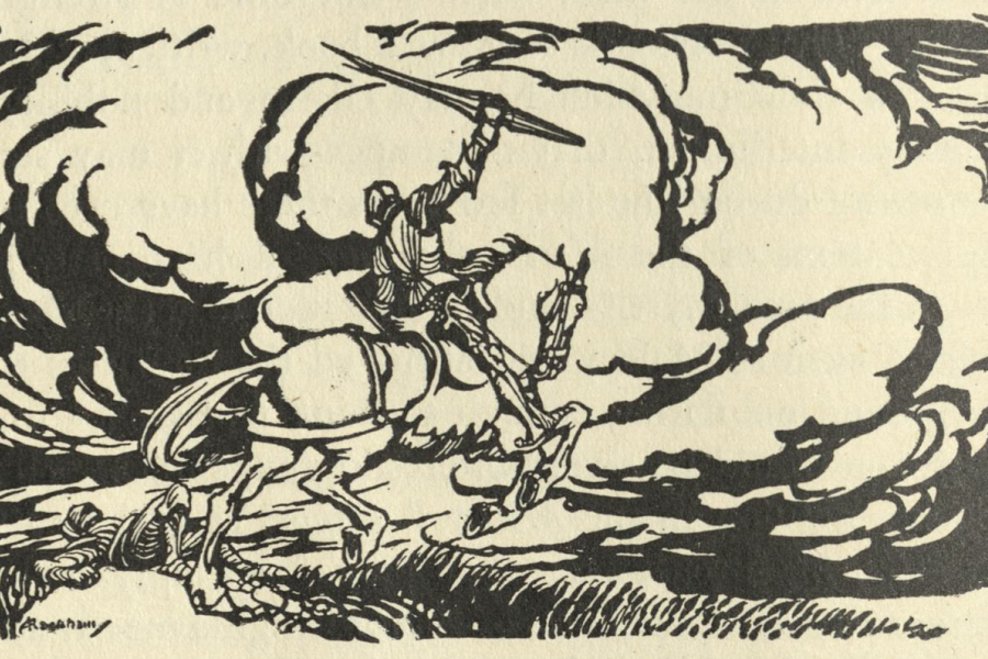 Ink print of a knight riding a horse, preparing to swing a sword in The Romance of King Arthur