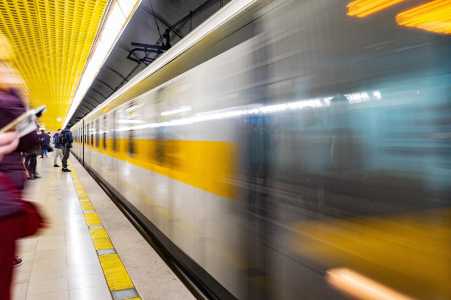 A train travelling through a station 