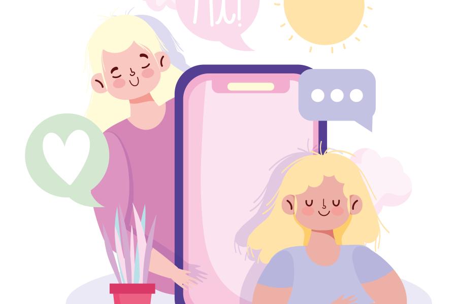 Image of illustration showing two girls talking through devices