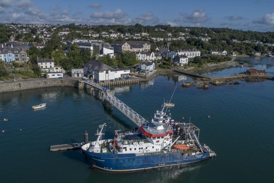 aerial photo of the research ship Prince Madog at Menai Bridge pier