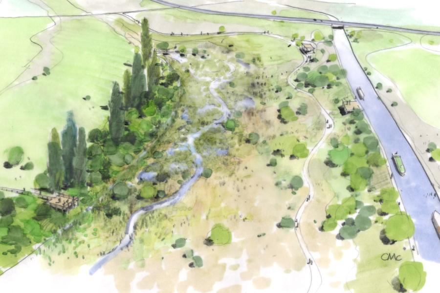 An architect's drawing of the proposed wetland.