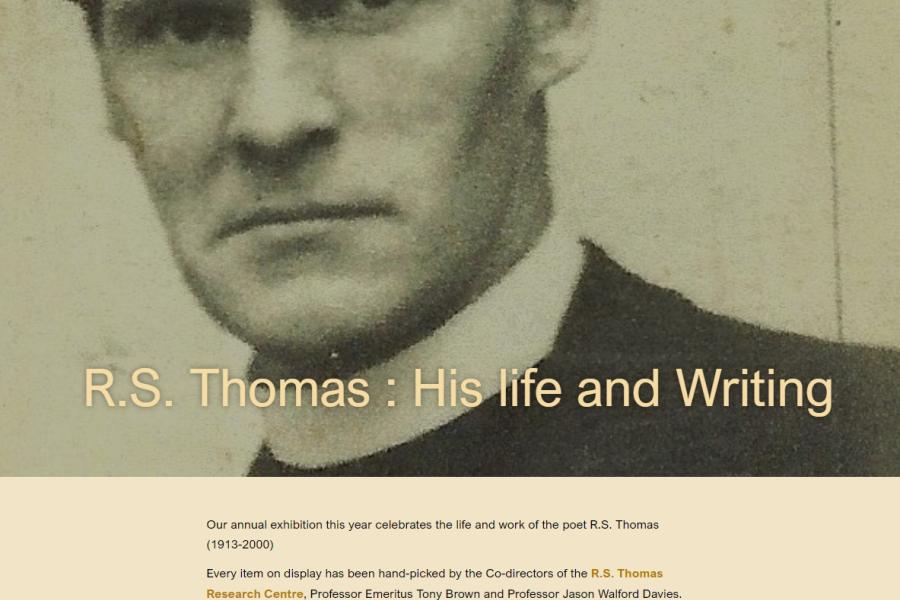 Tudalen flaen arddangosfa ar lein R.S.Thomas yn cynnwys ffotograff o R.S. Thomas a theitl yr arddangosfa, sef R.S. Thomas : his life and work