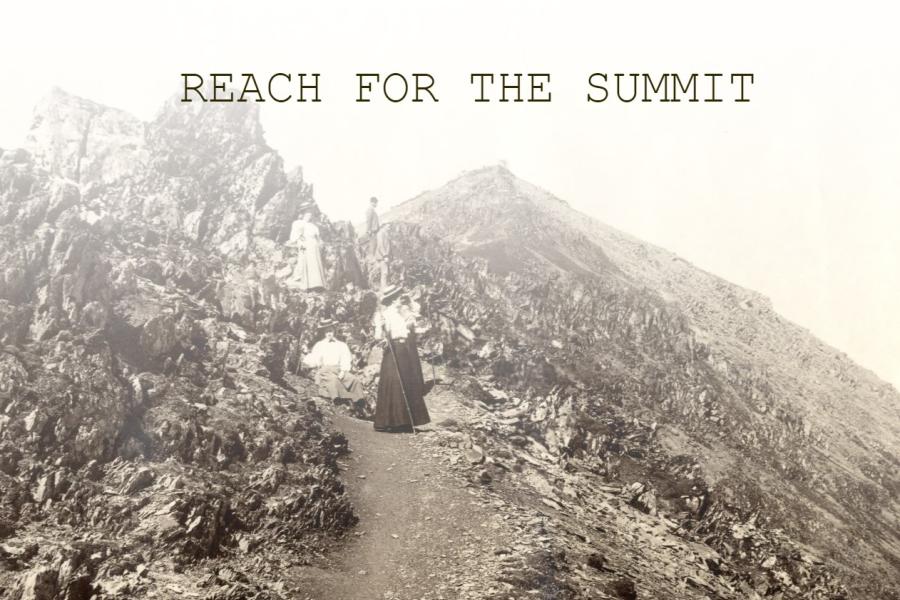 A photograph of a Victorian lady on the upper reaches of a mountain path with the exhibition title Reach for the Summit above