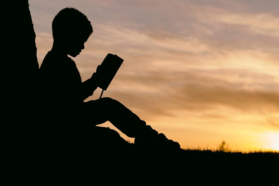 A child reading a book outside