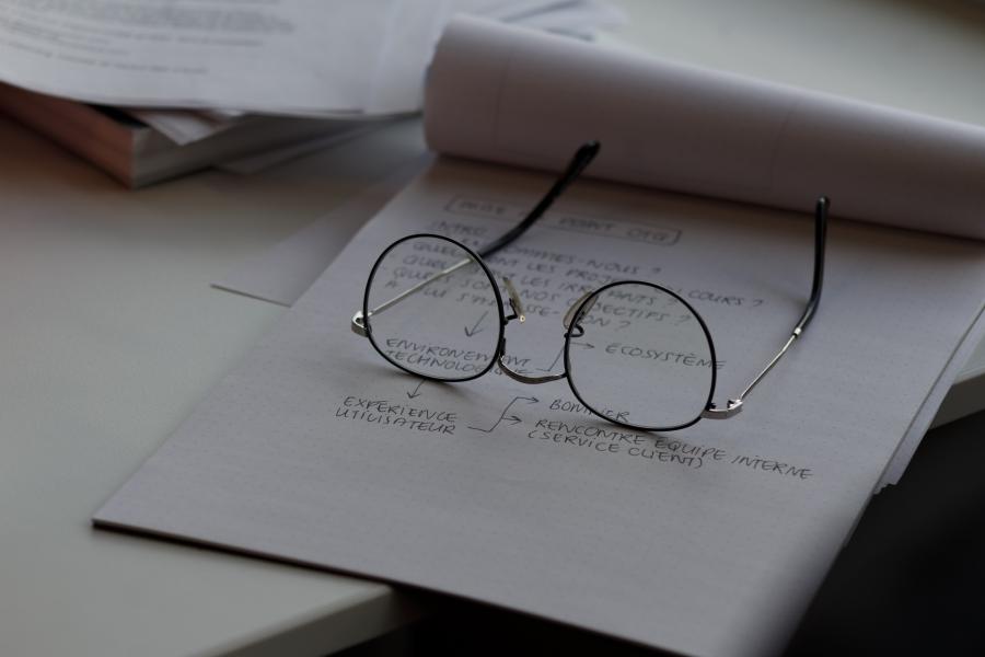 a photograph of round glasses resting on piece of paper 